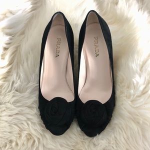 Prada Black Suede Rosette Pumps